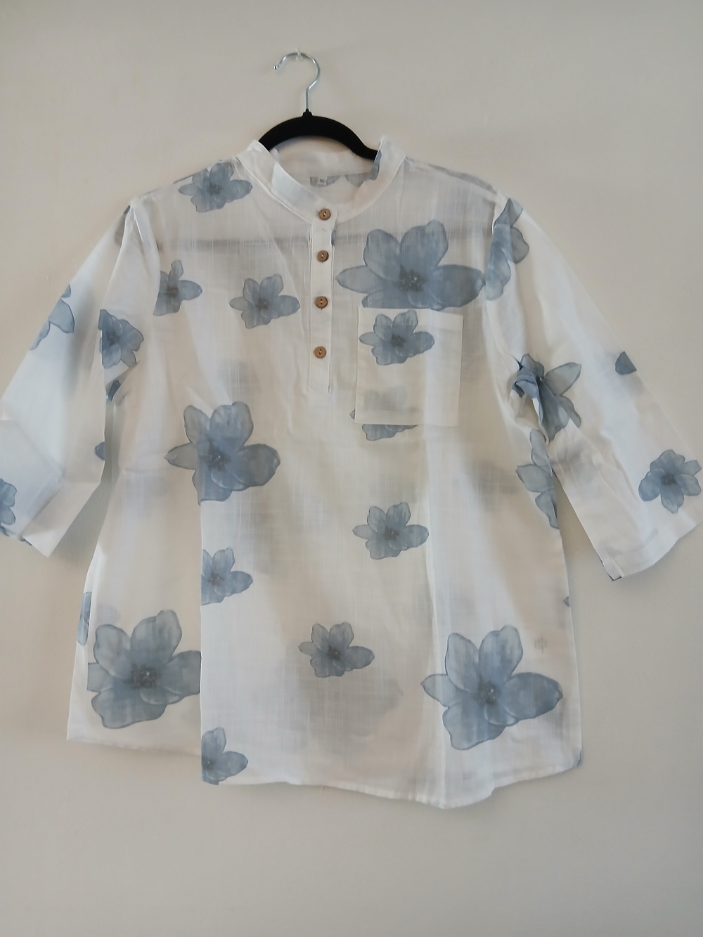 Floral Cotton Tunic White & Blue XL 3/4 Sleeve 100% Cotton New $18